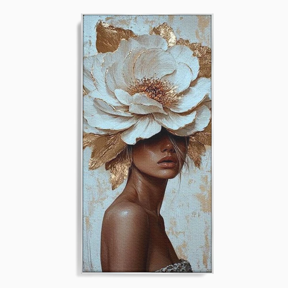 Tablou canvas cu tablou canvas cu portret si floare aurie, in rama de aluminiu argintiu